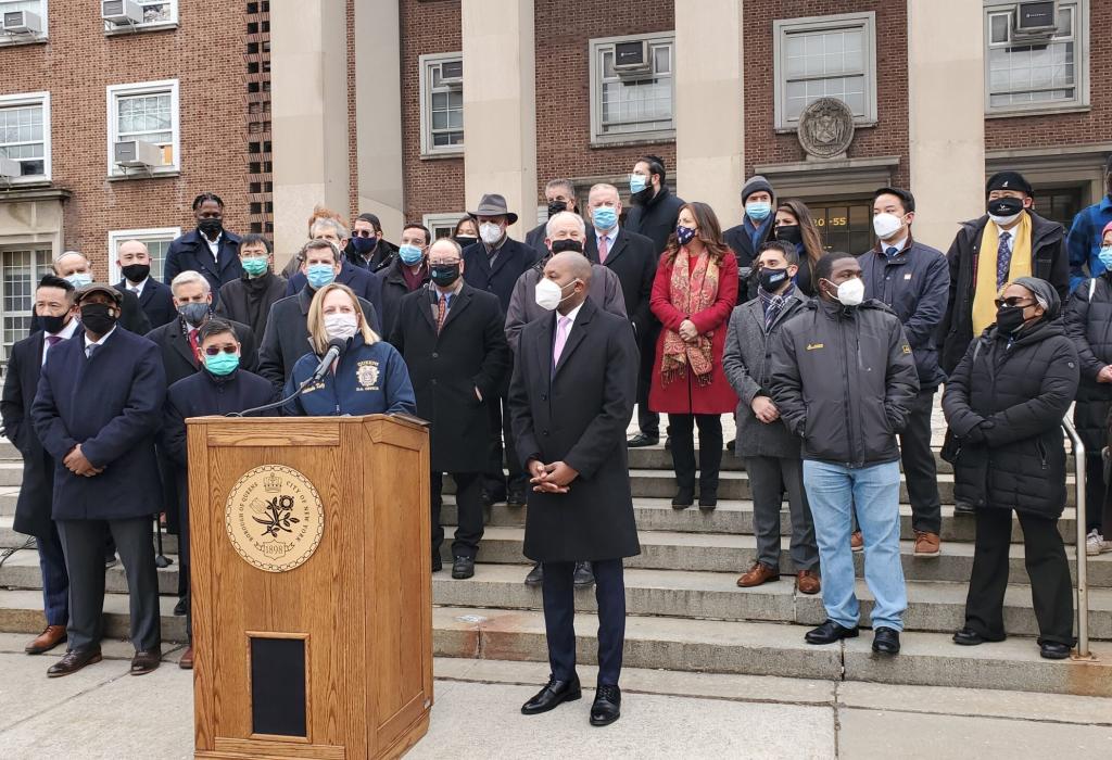 DA Melinda Katz joined Queens Borough President Donovan Richards, the NYPD, and other elected officials for a rally against Hate Crimes following hate inspired attacks against people of Asian and Jewish descendent in the borough. February 22, 2021