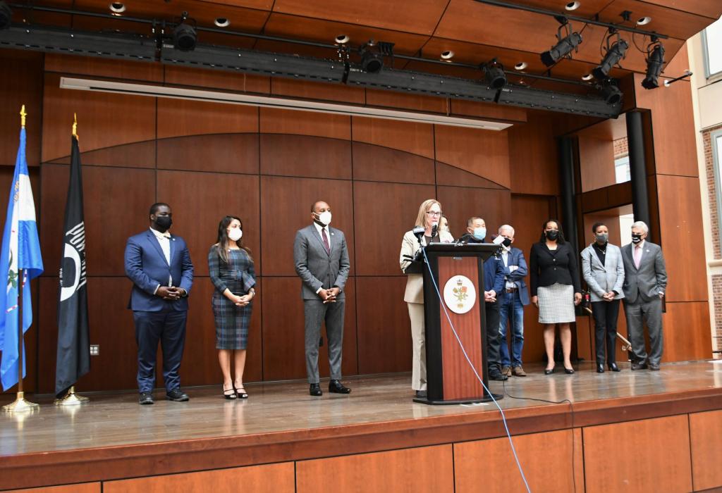DA Melinda Katz delivers remarks in support of the conviction of former Minneapolis police officer Derek Chauvin, during a solidarity rally hosted by Queens Borough President Donovan Richards. April 21, 2021