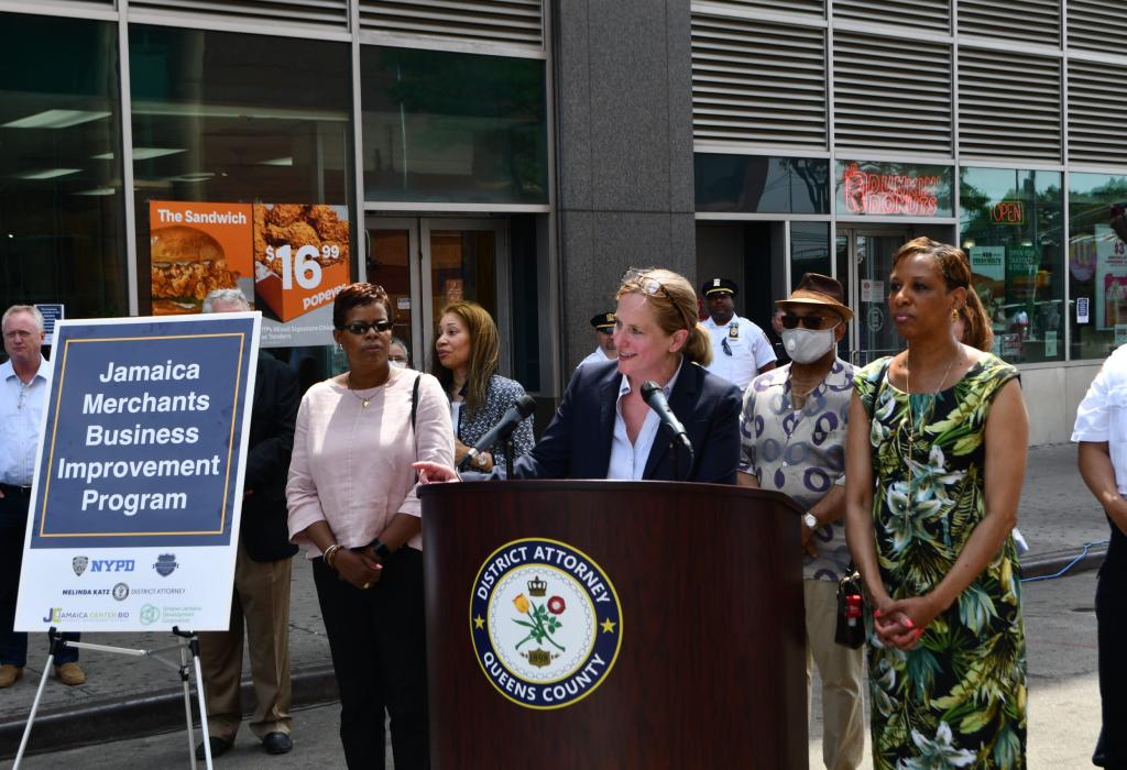 DA Melinda Katz, standing alongside community leaders and local business owners, announces a new initiative to help area merchants thwart unwanted activity inside and in front of local shops and restaurants in Jamaica, Queens. June 8, 2021