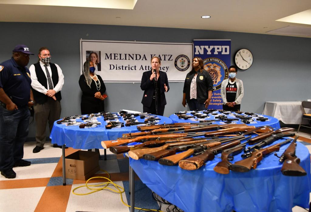 DA Melinda Katz is joined by the New York State Attorney General, NYPD Community Affairs Unit, and elected officials for a community gun buyback event in Springfield Gardens. A total of 79 operable weapons were surrendered by the public with no questions asked. June 12, 2021.