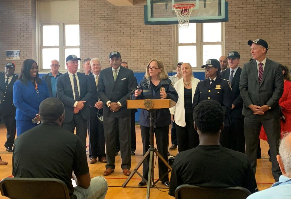 DA Melinda Katz announces the expansion of the Saturday Night Lights program to 17 additional locations in Queens County alongside City District Attorneys, NYPD Commissioner Dermot Shea and other officials. July 9, 2021